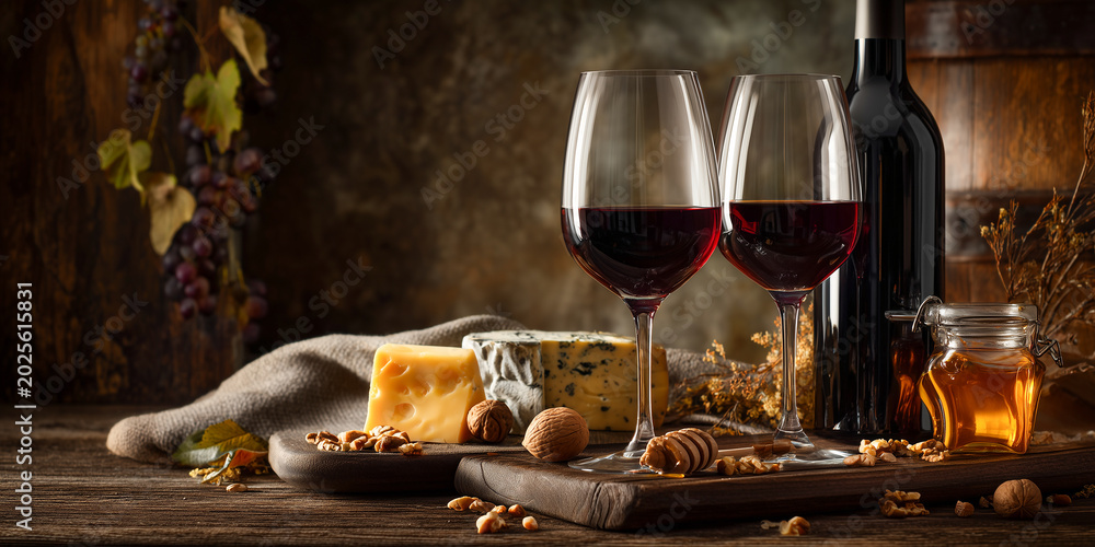 Obraz premium elegant red wine service with bottle glasses and gourmet cheese plate on a dark wood background
