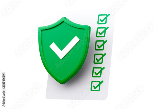 Protective shield icon with prominent green checkmarks and checklist