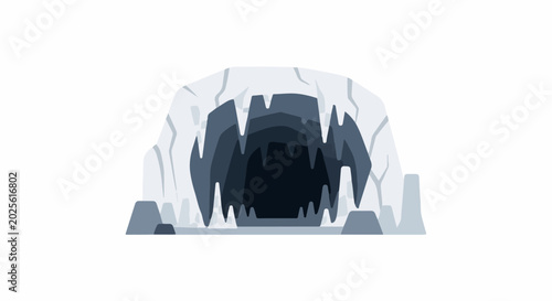 Dark, icy cave entrance with jagged stalactites and rocky foreground