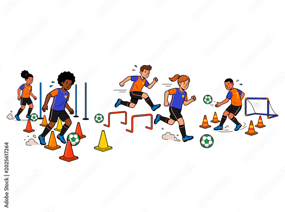 Fototapeta premium Children practicing soccer drills with cones and hurdles on a field