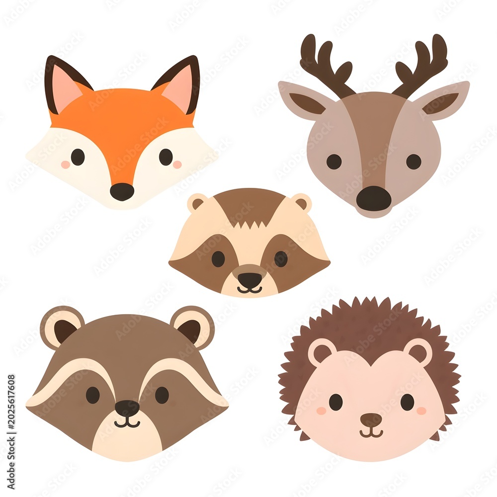 Fototapeta premium Cute Kawaii Forest Animals Collection: Fox, Deer, Raccoon, Owl, and Hedgehog Faces