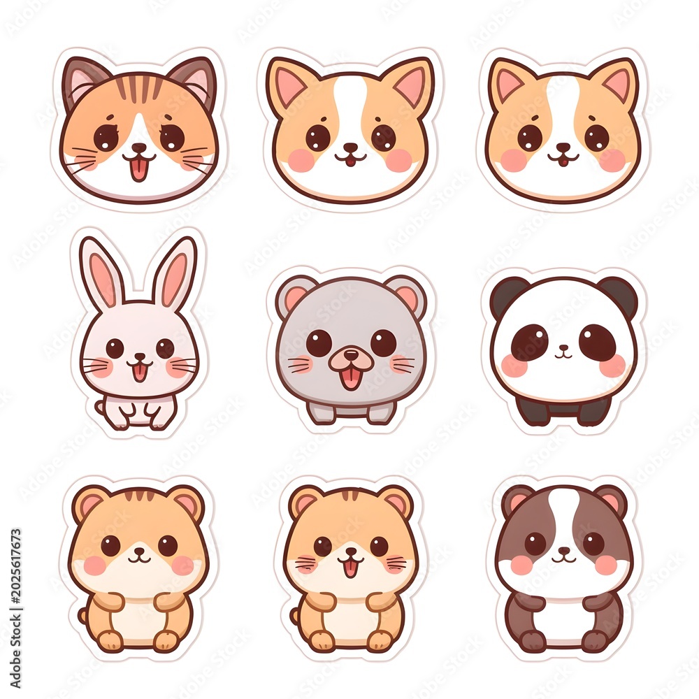 Obraz premium Cute Kawaii Animal Stickers Set: Cat, Corgi, Rabbit, Panda, Hamster in Chibi Style