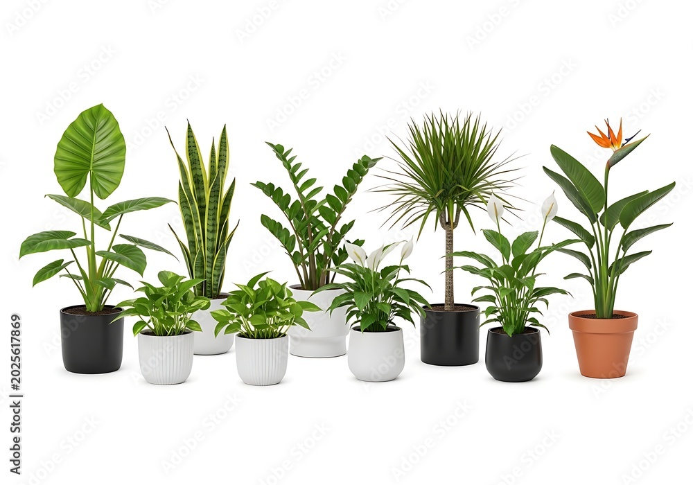 Fototapeta premium Diverse collection of indoor tropical houseplants in stylish pots