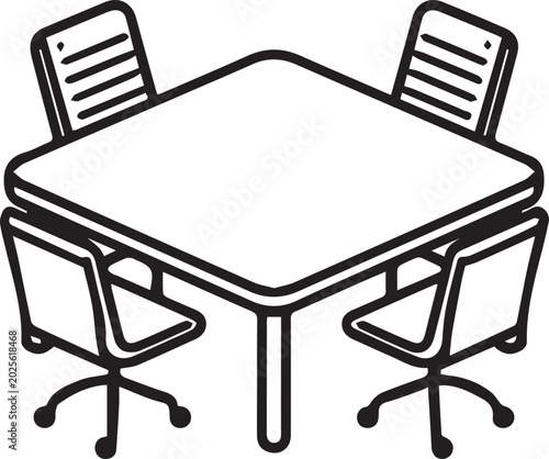 Billede på lærred A minimalist illustration of a square meeting table surrounded by four swivel chairs, symbolizing a space for discussion and collaboration in an office setting
