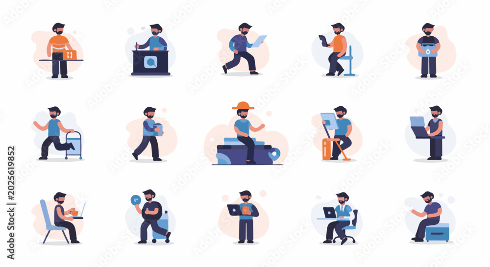 Fototapeta premium Diverse cartoon men engaged in various activities, from work to leisure