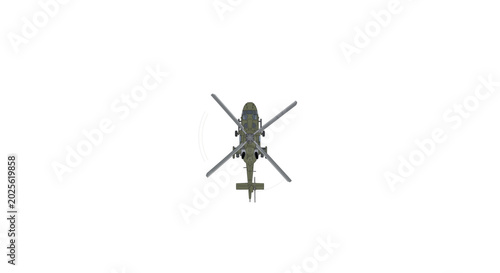 Quadro em tela Low-angle shot of a military helicopter flying against a clean white background with a sense of power and freedom