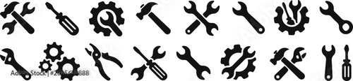Foto tools repair mechanic flat black vector icon set wrench hammer screwdriver gear