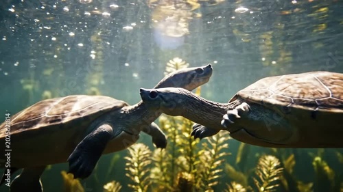 Graceful long-necked turtles swimming together in a freshwater underwater environment with aquatic plants