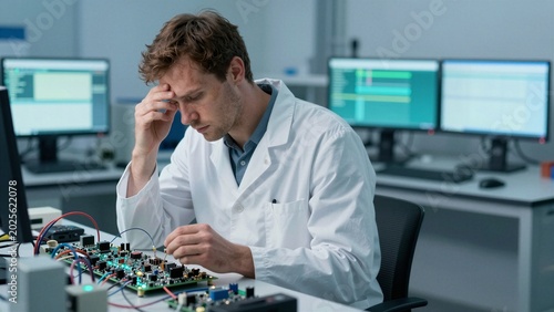 A bearded engineer in a lab coat concentrates on repairing a circuit board, surrounded by computer monitors and electronic equipment.