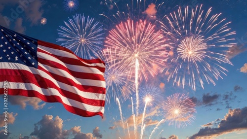 American flag waving with fireworks display at night