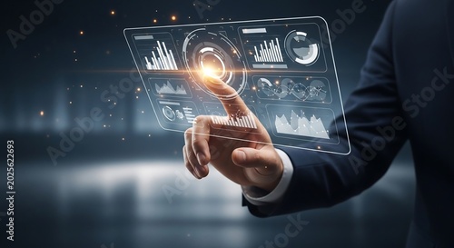 Holographic business dashboard with professional hand interaction, technology photography for futuristic analytics branding and corporate innovation advertising
