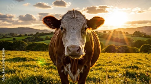 Close-up of a cow standing in a grassy field at sunset with a beautiful golden sun shining brightly in the sky