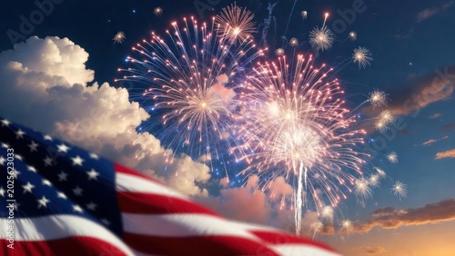 Fireworks exploding over american flag at night