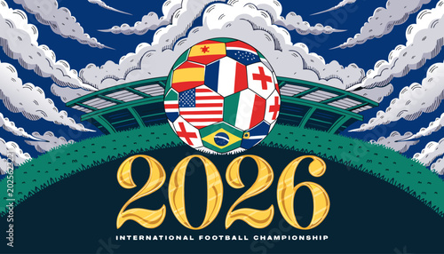 Football soccer ball with flags 3D vector illustration, symbolizing international sports celebration and global tournament excitement.
