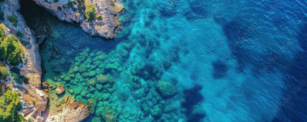 Fototapeta premium Aerial view of rugged rocky coastline with clear turquoise water for travel and nature concept