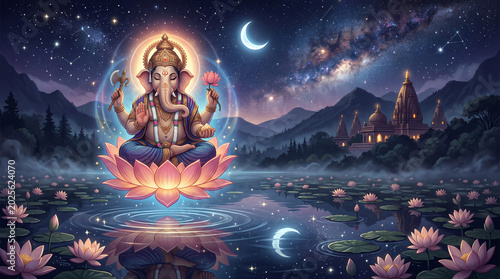 Ganesha meditating on a lotus flower under a starry night sky