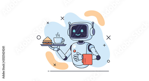 Friendly robot waiter holding a tray with a sandwich and coffee cup for future technology and service concepts.