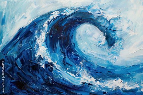 Abstract textured oil painting of a dynamic blue ocean wave for coastal wall art and interior design
