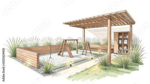 Children's playground with sandpit, swings, and slide