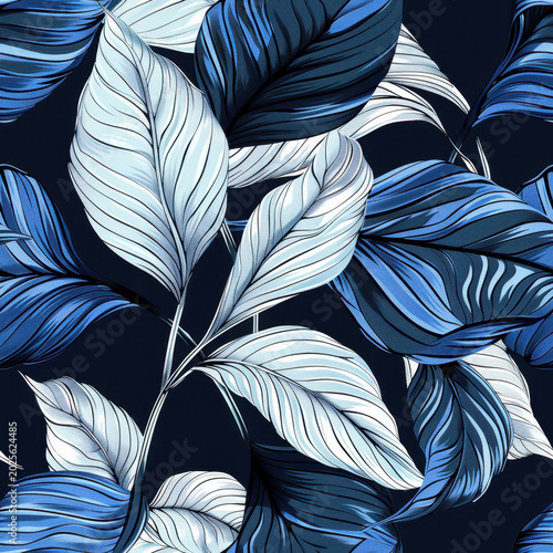 Elegant blue tropical leaves illustration on dark background for luxury wallpaper and packaging design seamless pattern