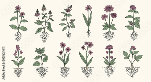 Botanical illustration of medicinal plants with roots and purple flowers for science or health education materials.