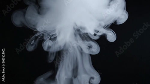 Abstract white smoke rising and forming creative shapes against a dark black background, slow motion