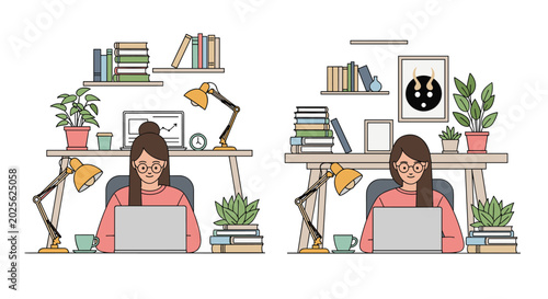 Two illustrations of a young woman wearing glasses working on her laptop at a desk with plants, books, and lamps in a home office.