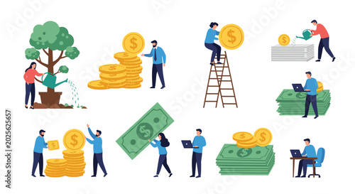 Collection of business people characters engaging in financial activities like saving, investing, and growing their wealth.