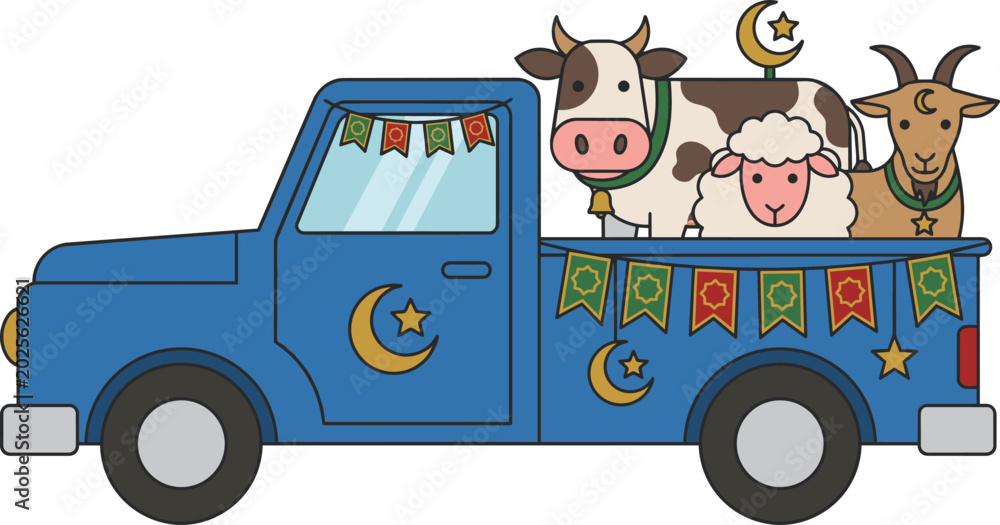 Fototapeta premium Cute Blue Truck Carrying Farm Animals with Islamic Symbols for Celebration