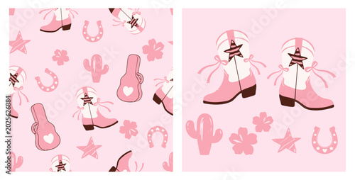 Cute cowboy boot seamless pattern with cactus, horseshoe, and floral illustration