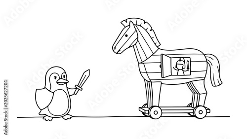 Foto Linux penguin with sword confronting a Trojan horse toy illustration funny carto