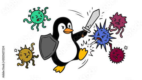 Tableau sur toile Linux penguin cartoon fighting viruses with sword and shield representing cybers