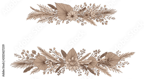 Two horizontal borders of dried bohemian flowers, palm leaves, pampas grass, and lotus pods in earthy brown and beige tones.
