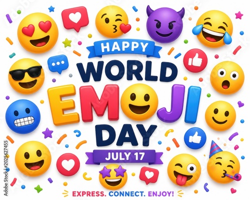 Happy world emoji day celebration poster with colorful smiley faces and social media icons for july 17th event