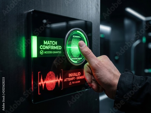 Biometric authentication panel — fingerprint scan electric green match confirmation indicator