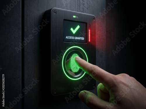 Biometric authentication panel — fingerprint scan electric green match confirmation indicator
