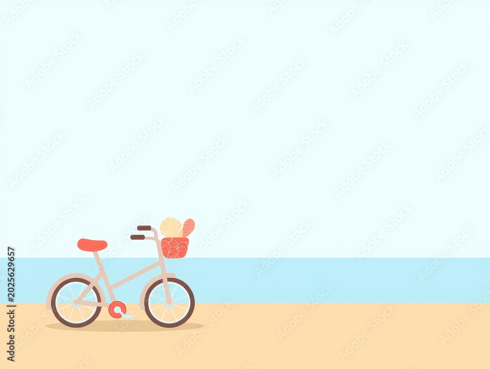 Fototapeta premium Vintage style bicycle with a basket full of fresh fruit parked on a sandy beach near the ocean shore