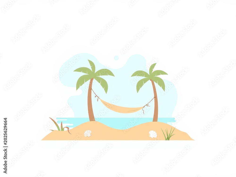 Fototapeta premium Tropical island beach scene with two palm trees and empty hammock hanging between them on sandy shoreline
