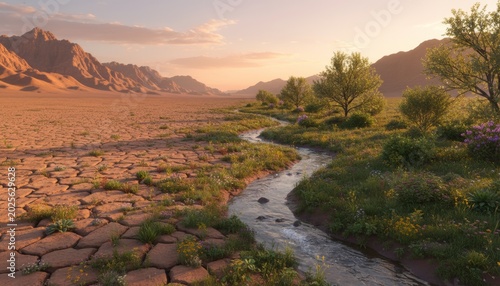Dramatic landscape of a desert transforming into fertile land