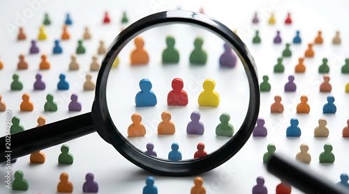 Magnifying glass highlights specific colorful individuals in a varied population symbolizing targeted selection recruitment and focus on unique talents for business success.