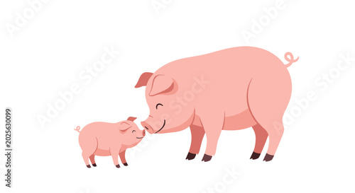 Heartwarming illustration shows a large pink mother pig and her small piglet touching noses affectionately on a white background.