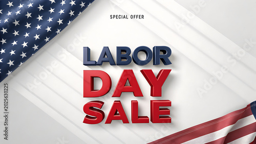 Labor Day Sale Marketing Banner with US Flag and 3D Text on White Wood Background