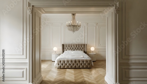 Elegant luxury bedroom interior with a tufted bed, crystal chandelier, and herringbone wooden floor in a classic style