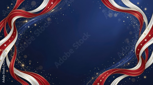 Elegant Patriotic Frame with Woven Red, White, and Gold Ribbons, Adorned with Stars on a Deep Blue Background, Perfect for Celebrations.