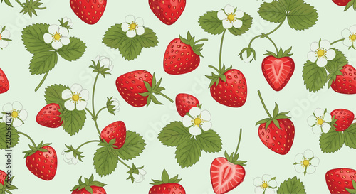 Ripe red strawberries with green leaves and white blossoms in a repeating seamless pattern for fresh fruit and garden themes.