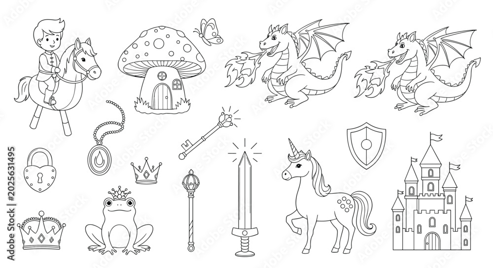 Obraz premium Fantasy fairy tale coloring page elements including a dragon unicorn castle knight on a horse frog prince and a magic mushroom house.