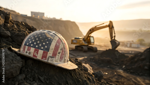Weathered hard hat with American flag pattern on a construction site with excavator in the background