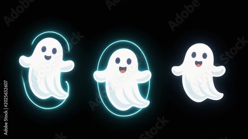 Three cute cartoon ghosts with glowing blue outlines on a dark background, perfect for Halloween.