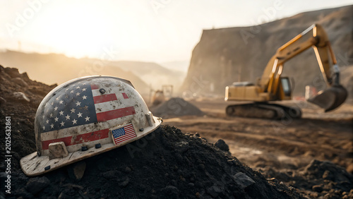 Weathered hard hat with American flag pattern on a construction site with excavator in the background