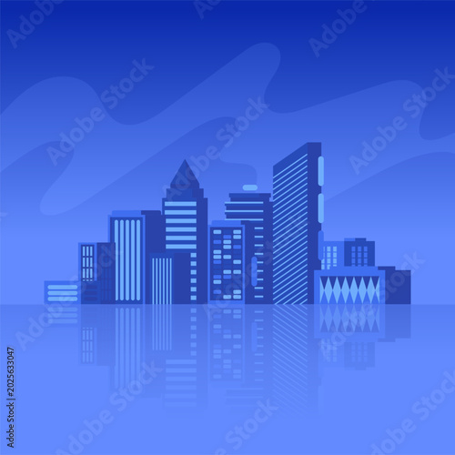 Compact blue city skyline with slim skyscrapers, modern blocks and faint reflections. Minimal urban vector background for architecture, travel, business and modern design projects
